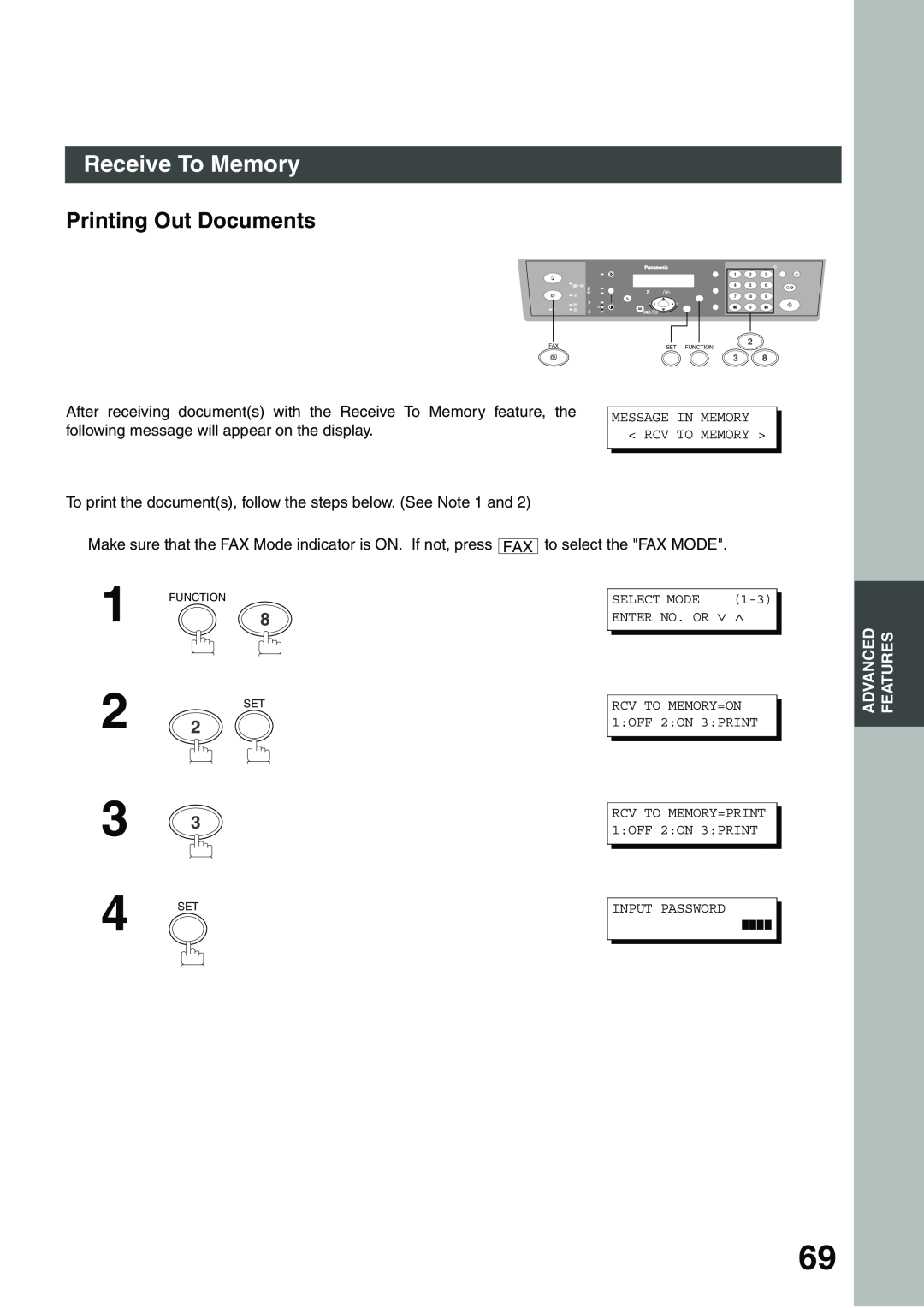 Panasonic DP-135FP appendix Printing Out Documents, Receive To Memory, Function 