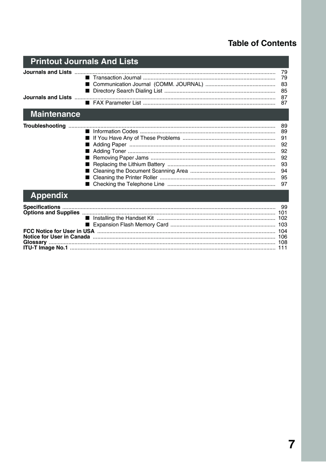 Panasonic DP-135FP appendix Printout Journals And Lists, Maintenance, Appendix, Table of Contents 