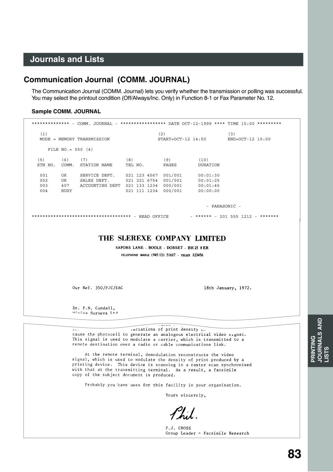 Panasonic DP-135FP appendix Journals and Lists, Communication Journal COMM. JOURNAL, Sample COMM. JOURNAL 