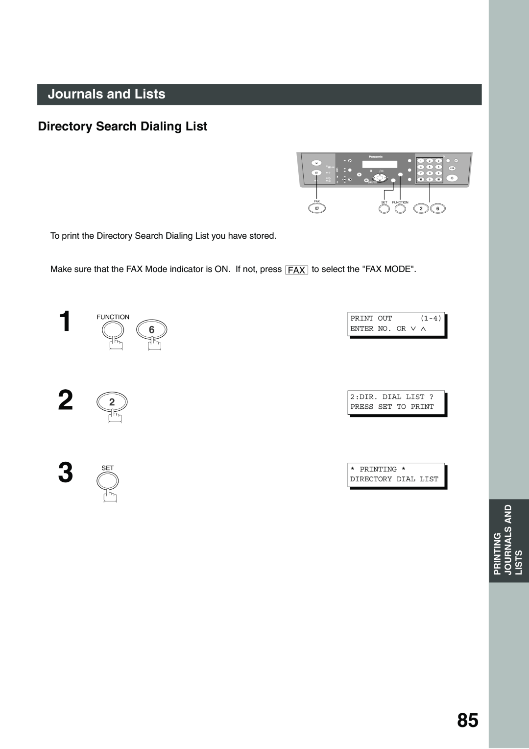 Panasonic DP-135FP appendix Directory Search Dialing List, Journals and Lists, Print, Enter, Or ∨ ∧, Function, 1 2 4 5 7 8 