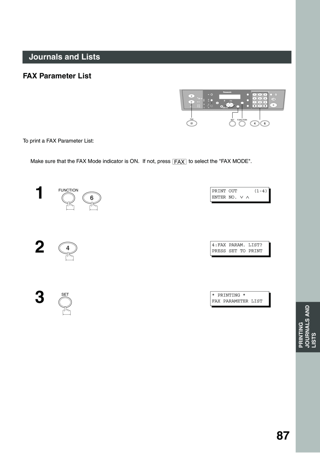 Panasonic DP-135FP FAX Parameter List, Journals and Lists, Enter, 4FAX PARAM. LIST?, Press Set To Print, Printing 
