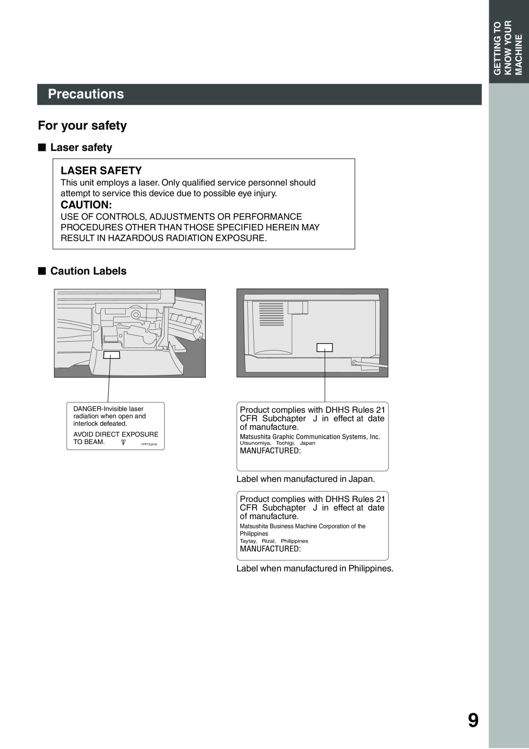 Panasonic DP-135FP appendix Precautions, For your safety, Laser safety LASER SAFETY, Caution Labels 