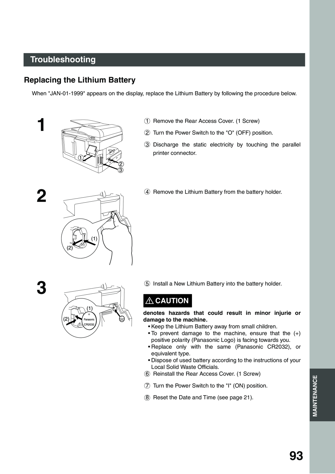 Panasonic DP-135FP appendix Replacing the Lithium Battery, Troubleshooting 