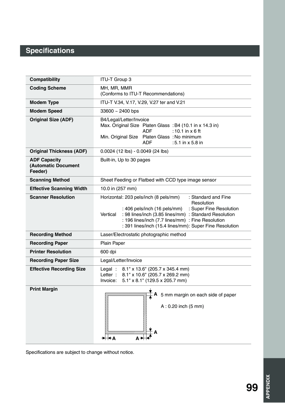 Panasonic DP-135FP appendix Specifications, lines/inch 15.4 lines/mm Super Fine Resolution 
