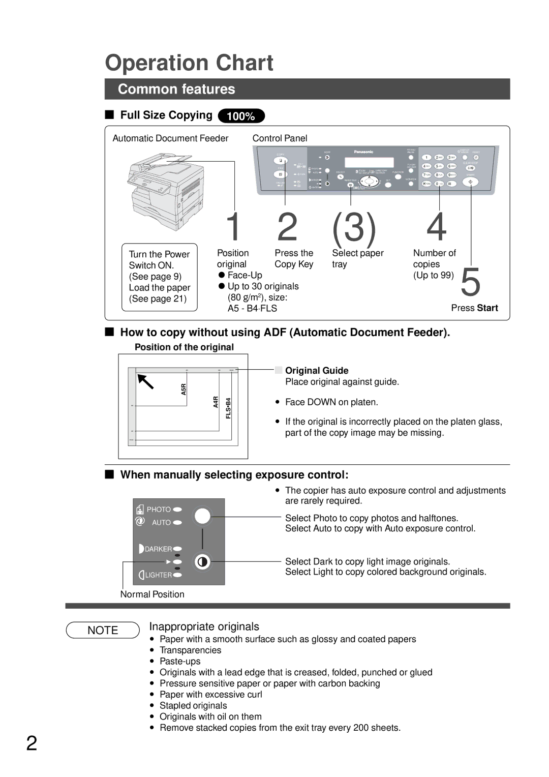 Panasonic DP-150FP Operation Chart, Common features, Full Size Copying 100%, When manually selecting exposure control 