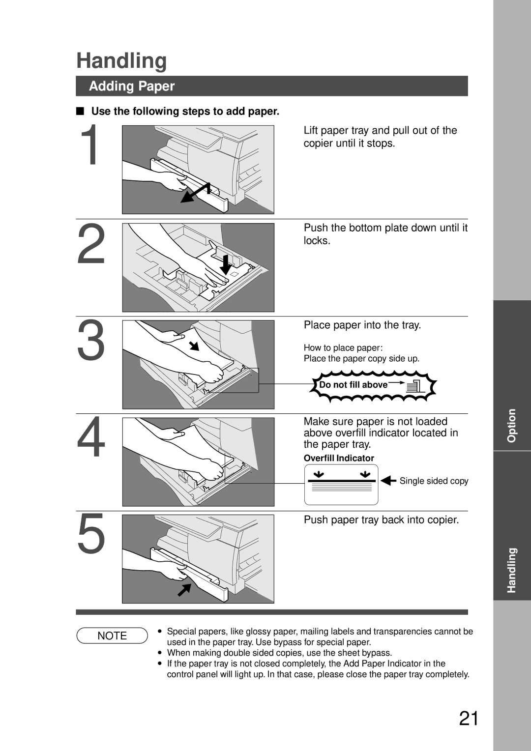 Panasonic DP-150FP manual Handling, Adding Paper, Use the following steps to add paper 