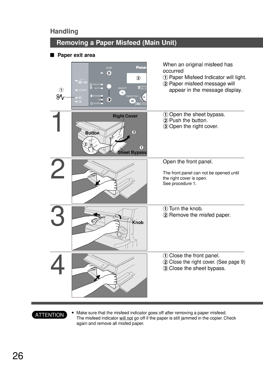 Panasonic DP-150FP manual Paper exit area, #Turn the knob, $Remove the misfed paper, #Close the front panel 