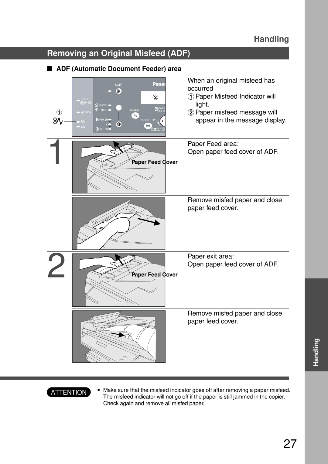 Panasonic DP-150FP manual Removing an Original Misfeed ADF, ADF Automatic Document Feeder area, Paper Feed Cover 