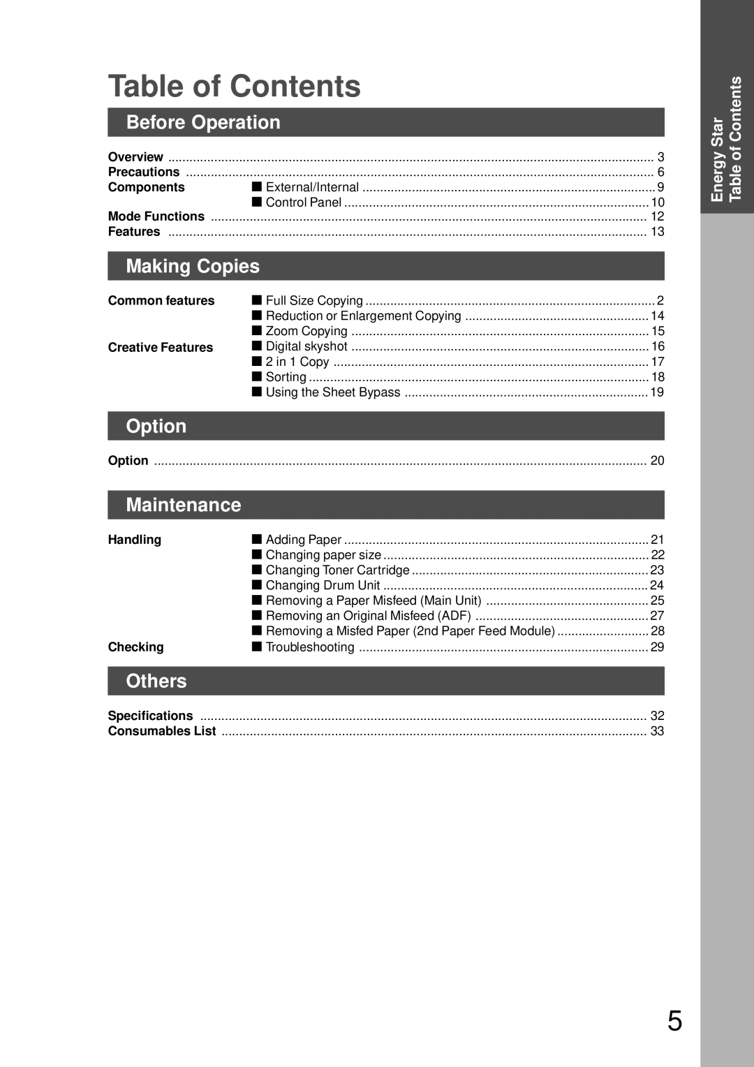 Panasonic DP-150FP manual Table of Contents 