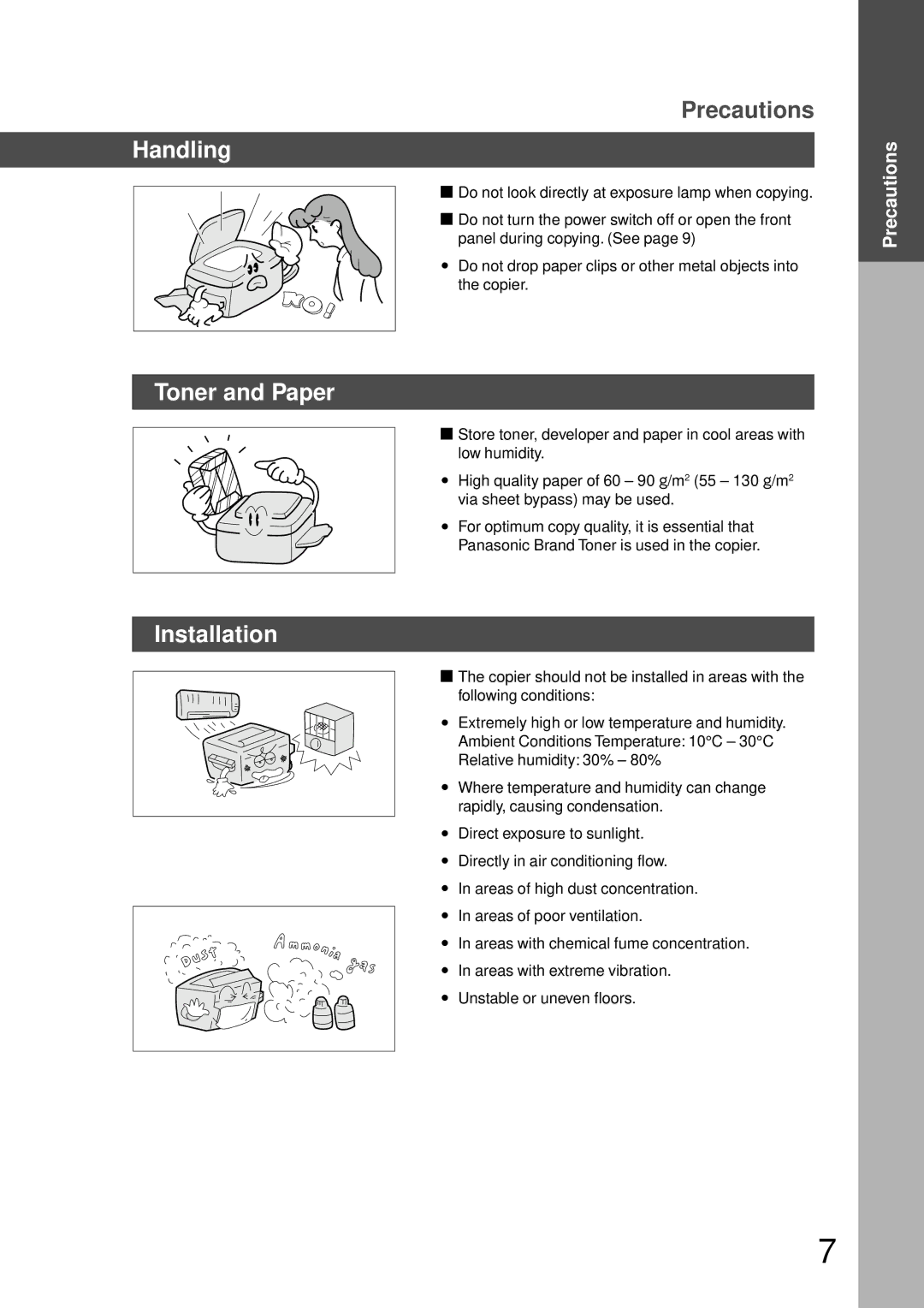 Panasonic DP-150FP manual Handling Toner and Paper Installation, Precautions 