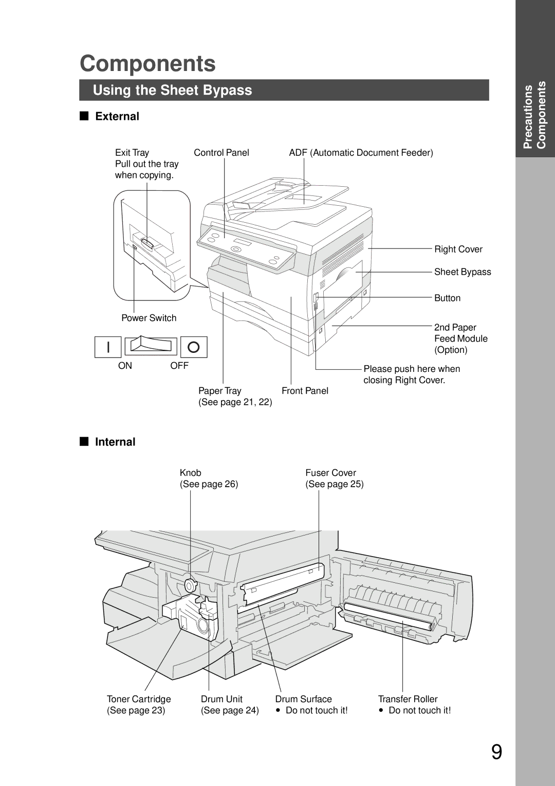 Panasonic DP-150FP manual Components, Using the Sheet Bypass, External, Internal 