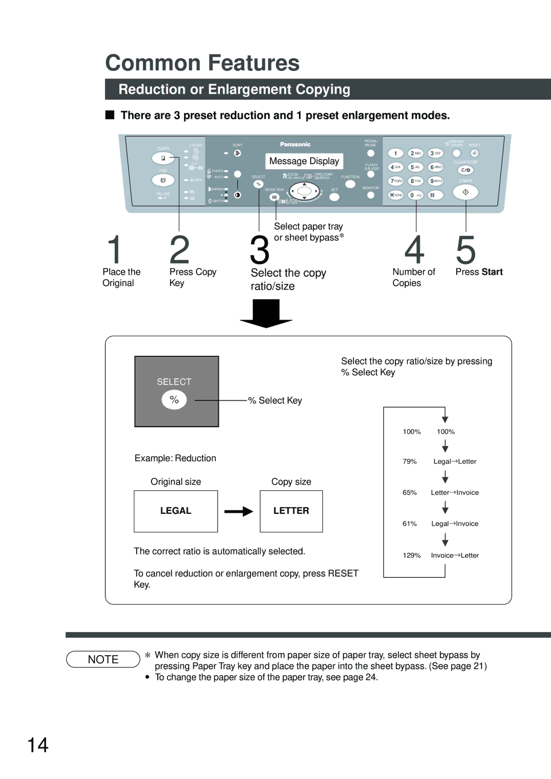 Panasonic DP-150FX manual Common Features, Reduction or Enlargement Copying, Select the copy ratio/size 