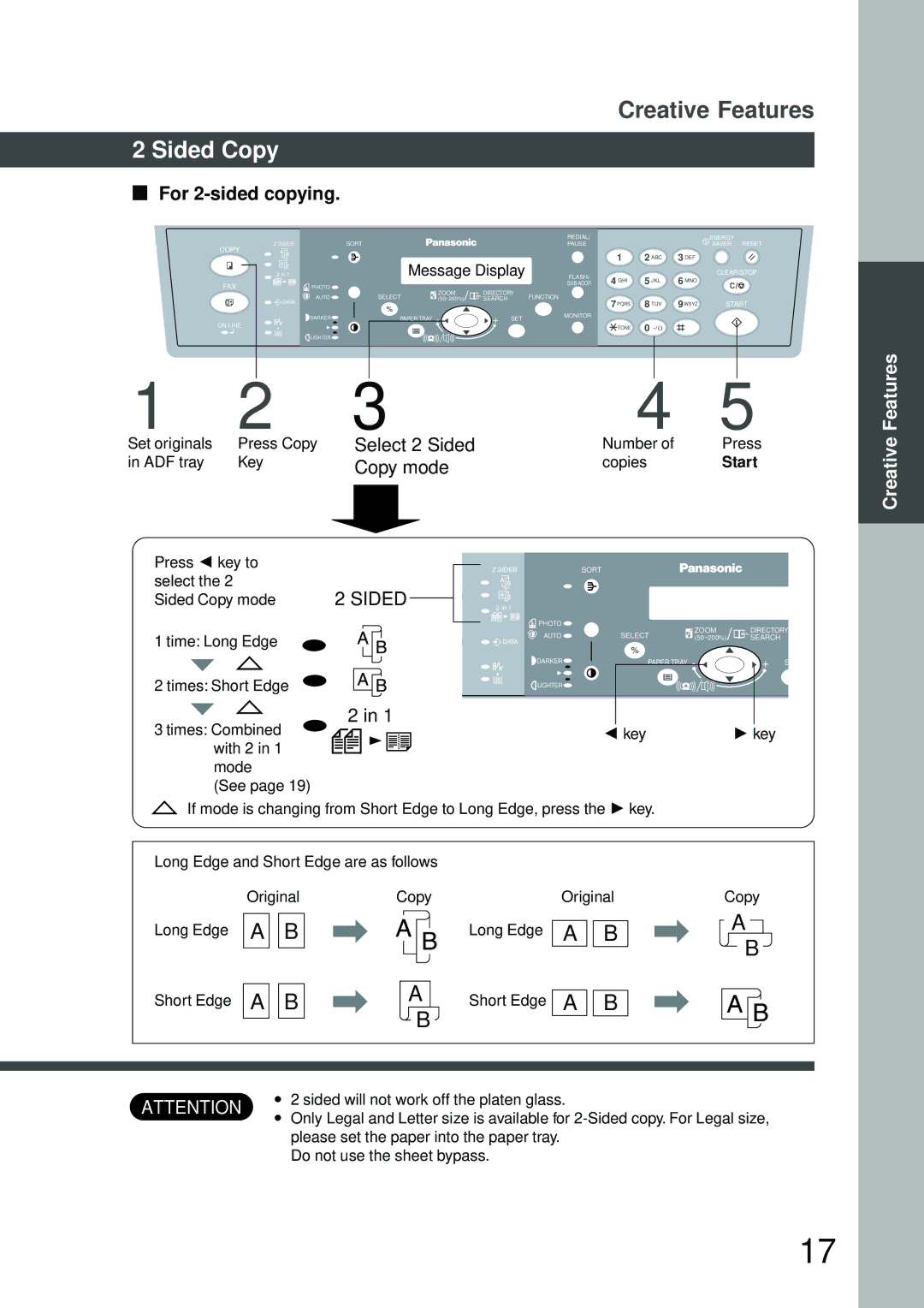 Panasonic DP-150FX manual Sided Copy, For 2-sided copying, Select 2 Sided, Copy mode, Start 