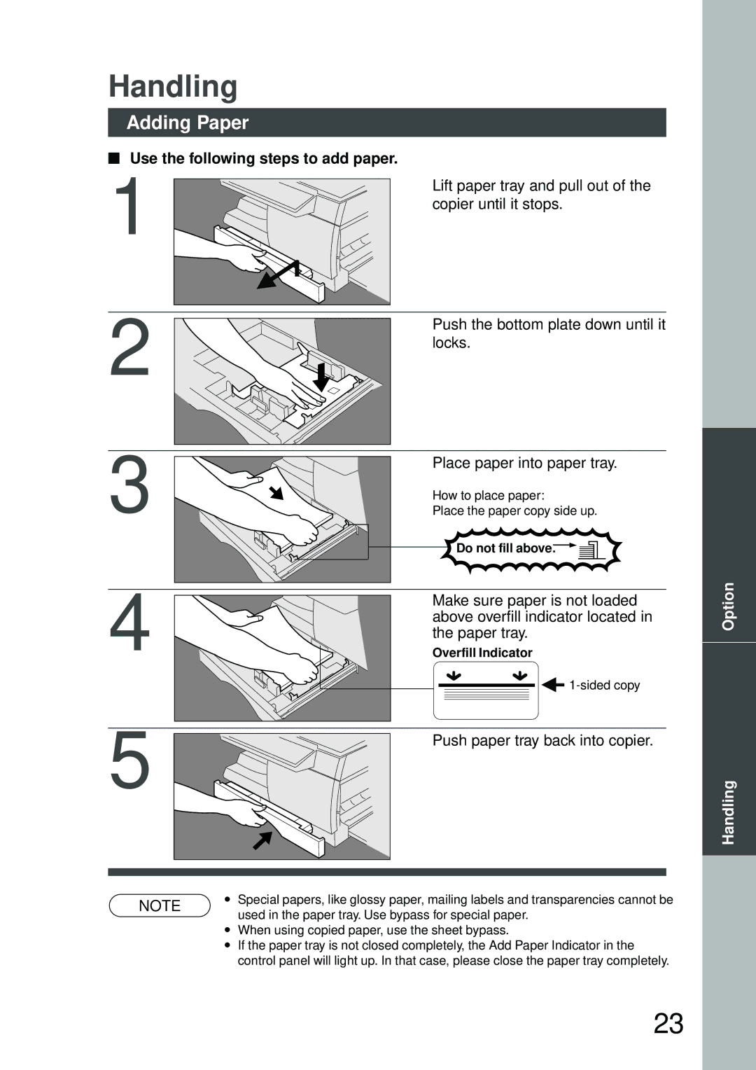 Panasonic DP-150FX manual Handling, Adding Paper, Use the following steps to add paper 