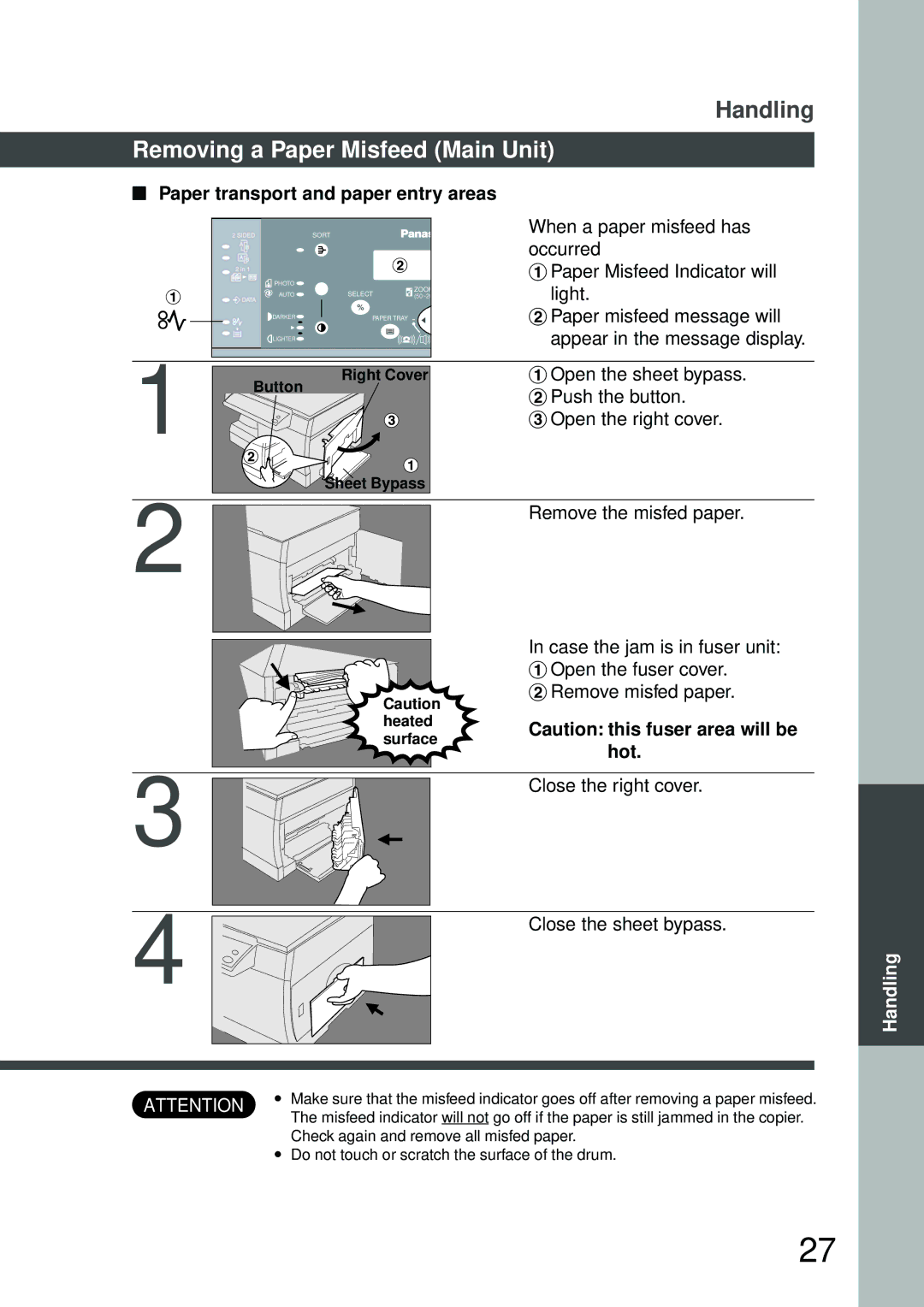 Panasonic DP-150FX manual Removing a Paper Misfeed Main Unit, Paper transport and paper entry areas, #Open the sheet bypass 