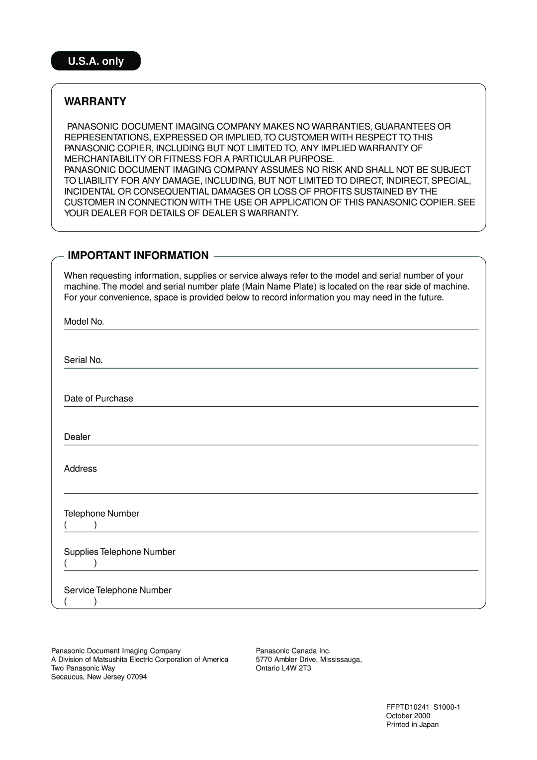 Panasonic DP-150FX manual Warranty 