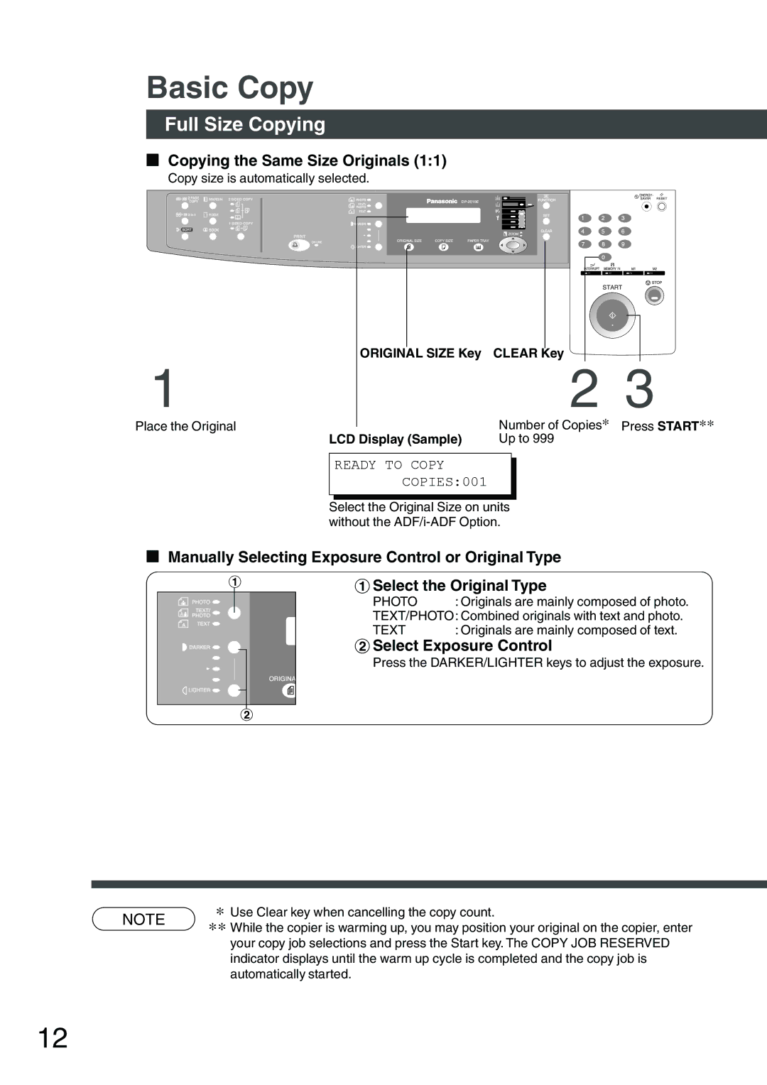 Panasonic DP-1510P manual Basic Copy, Full Size Copying, Copying the Same Size Originals, $Select Exposure Control 