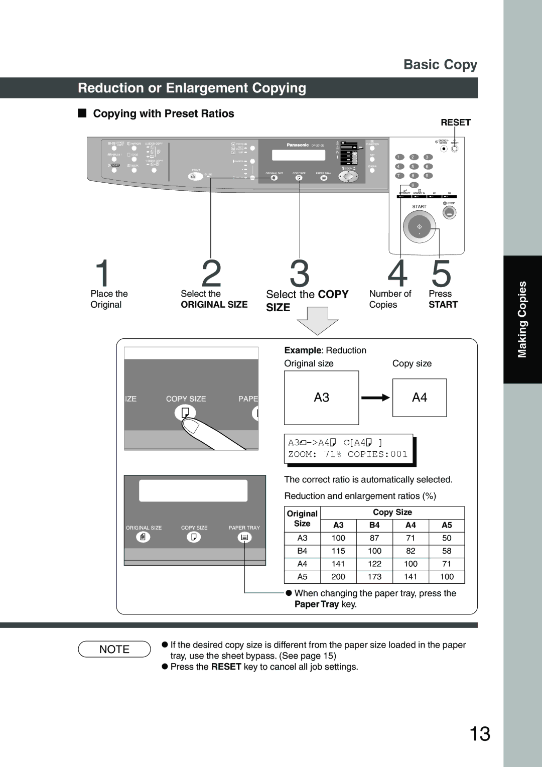 Panasonic DP-1510P manual Reduction or Enlargement Copying, Copying with Preset Ratios, Select the Copy, Paper Tray key 