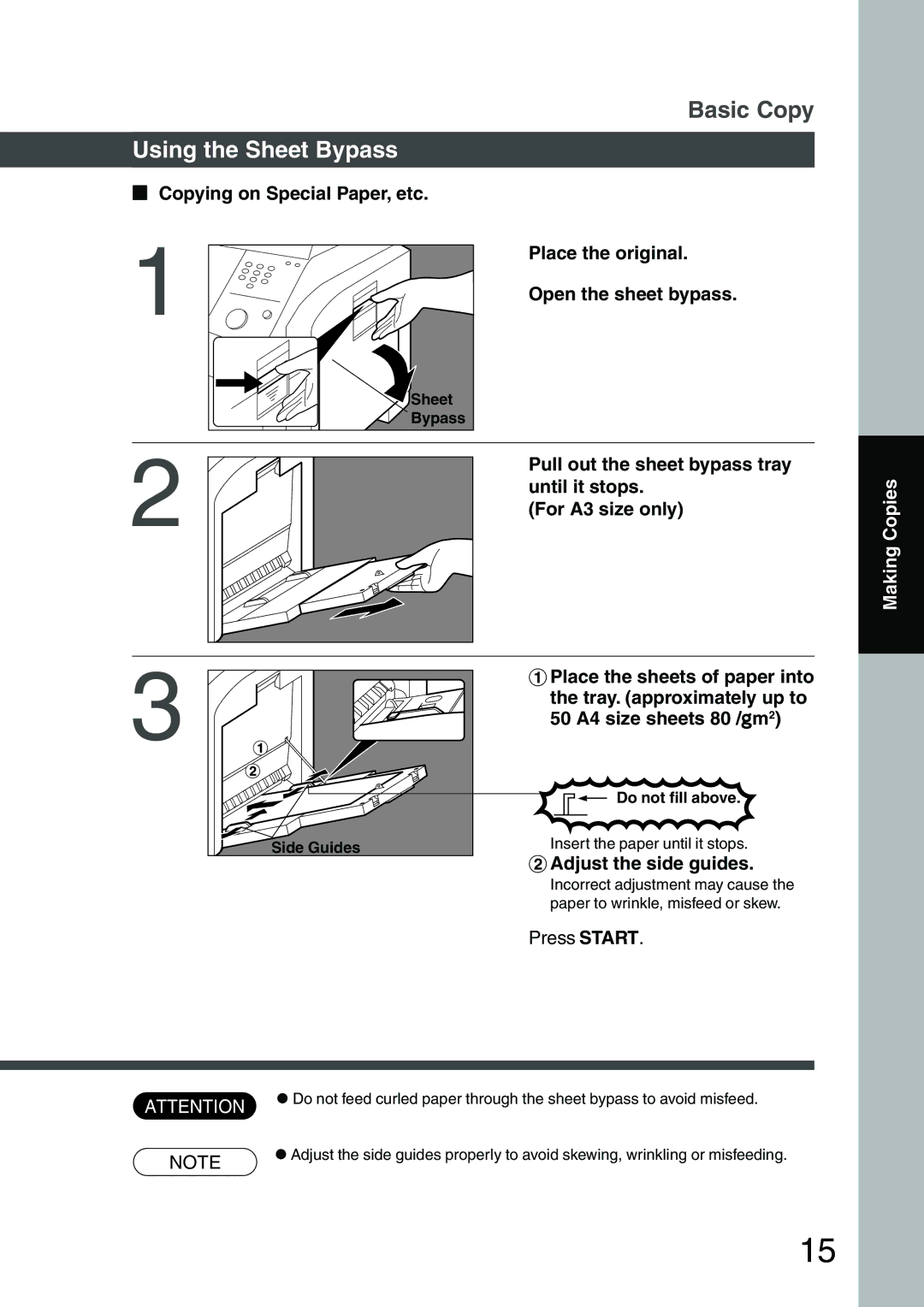 Panasonic DP-1510P manual Using the Sheet Bypass, Copying on Special Paper, etc, $Adjust the side guides, Press Start 