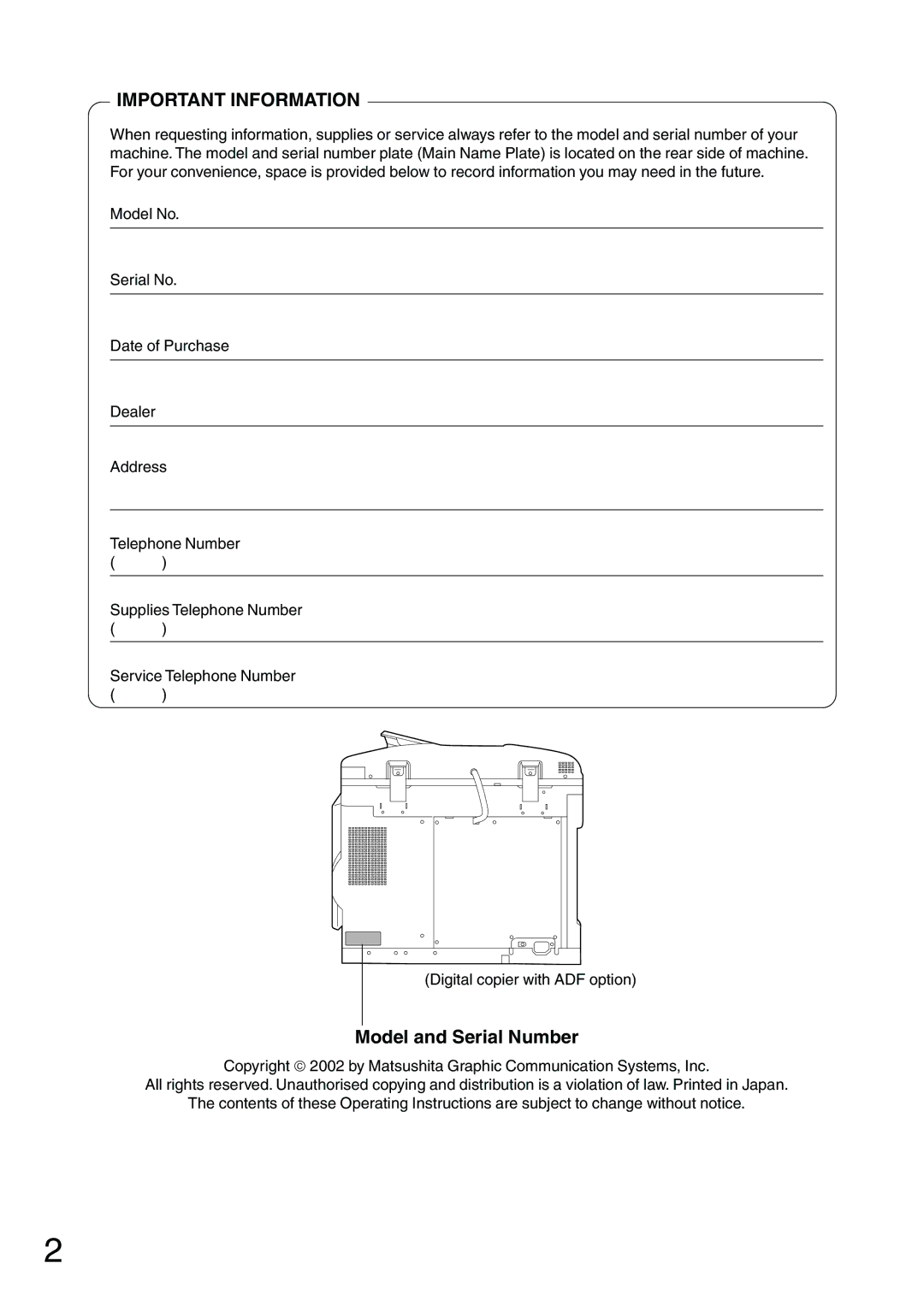 Panasonic DP-1510P manual Important Information, Model and Serial Number 