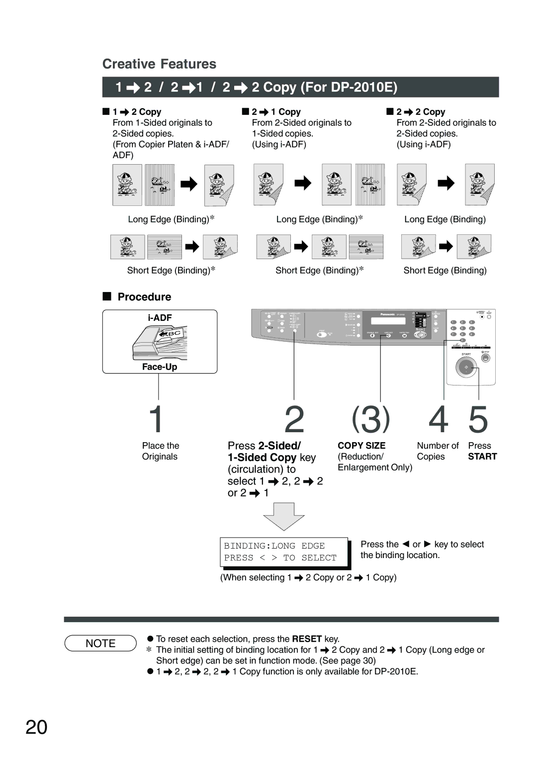 Panasonic DP-1510P manual 2 / 2 \1 / 2 \ 2 Copy For DP-2010E, Press 2-Sided, Sided Copy key 