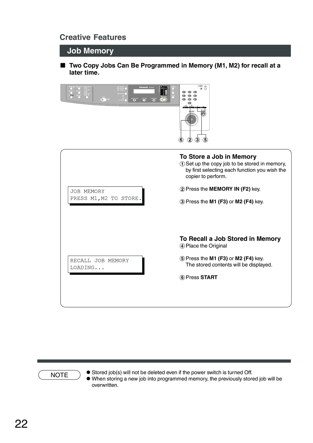 Panasonic DP-1510P Job Memory, To Store a Job in Memory, To Recall a Job Stored in Memory, $Press the Memory in F2 key 