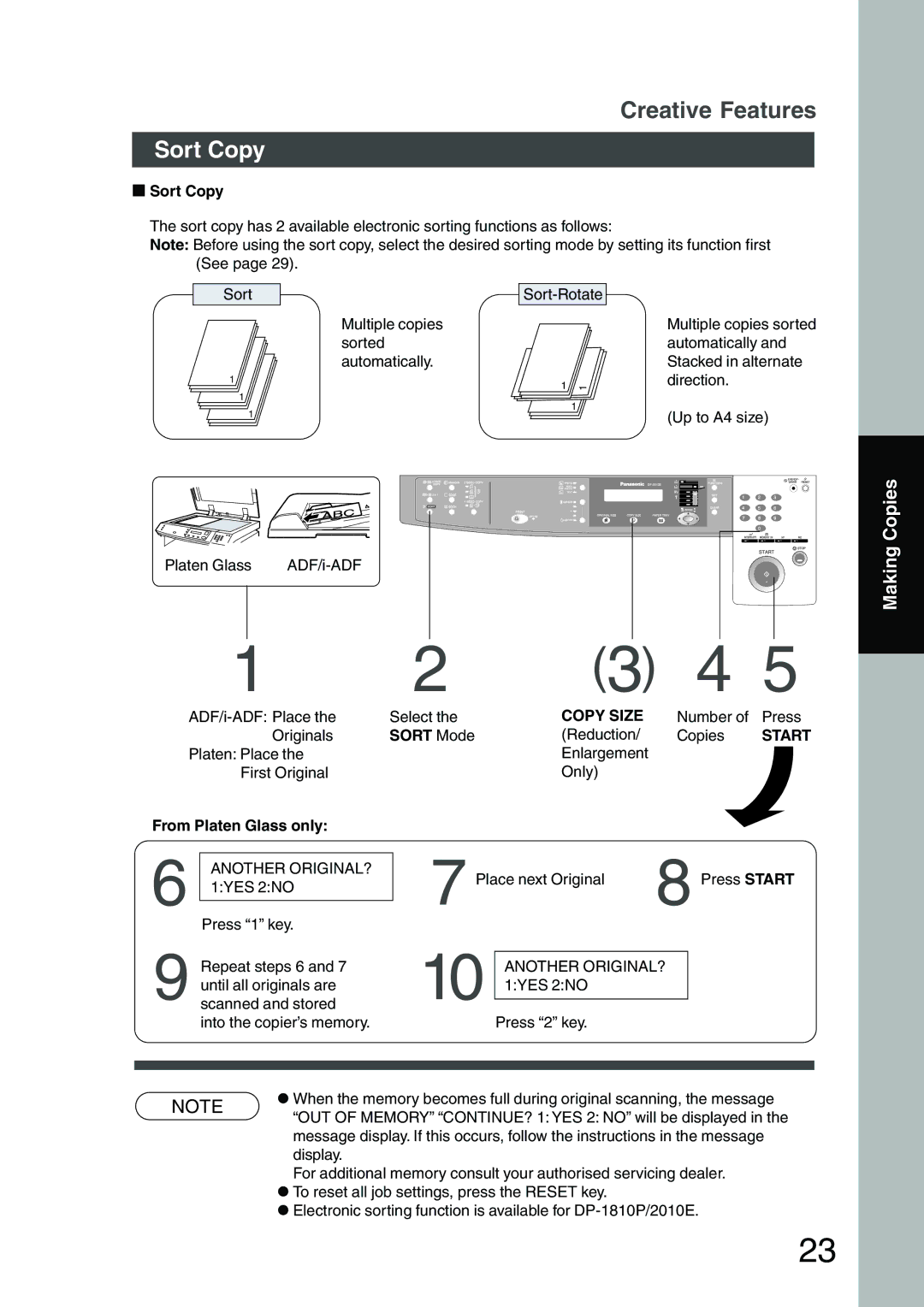 Panasonic DP-1510P manual Sort Copy, Sort Mode, From Platen Glass only 