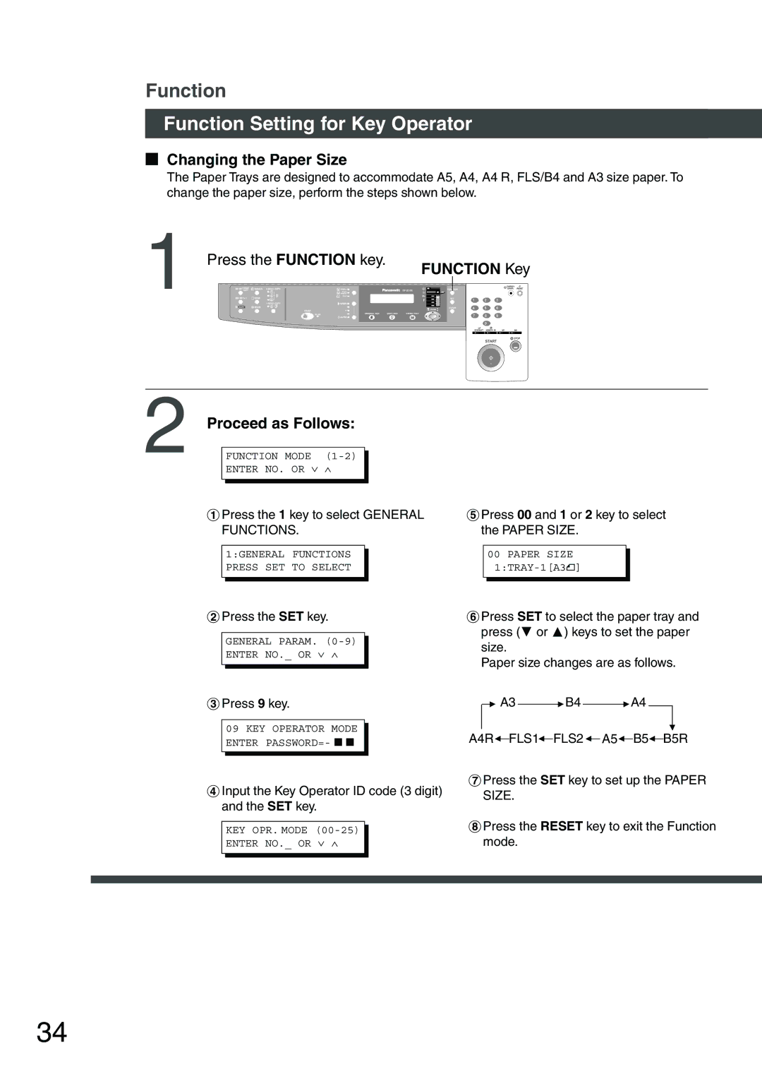 Panasonic DP-1510P manual Function Setting for Key Operator, Changing the Paper Size, Functions 