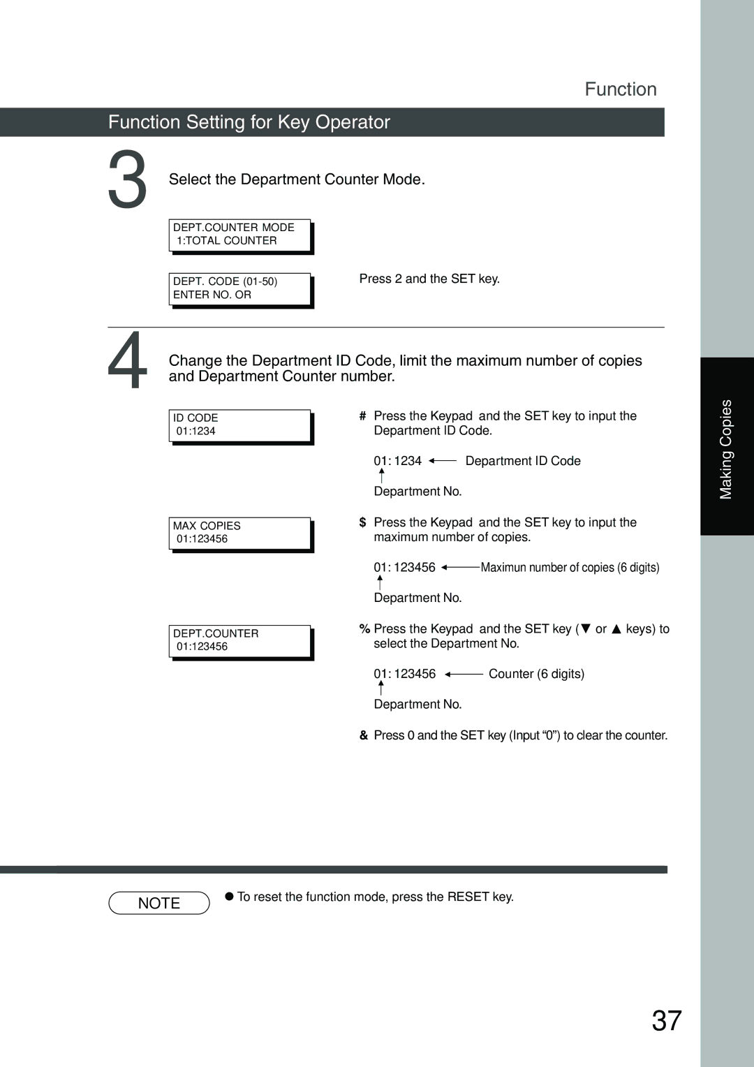 Panasonic DP-1510P manual Select the Department Counter Mode 