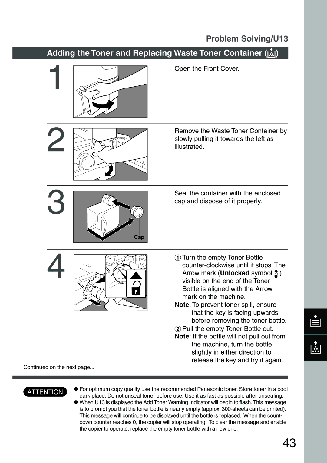 Panasonic DP-1510P manual Adding the Toner and Replacing Waste Toner Container ?, Open the Front Cover, Illustrated 