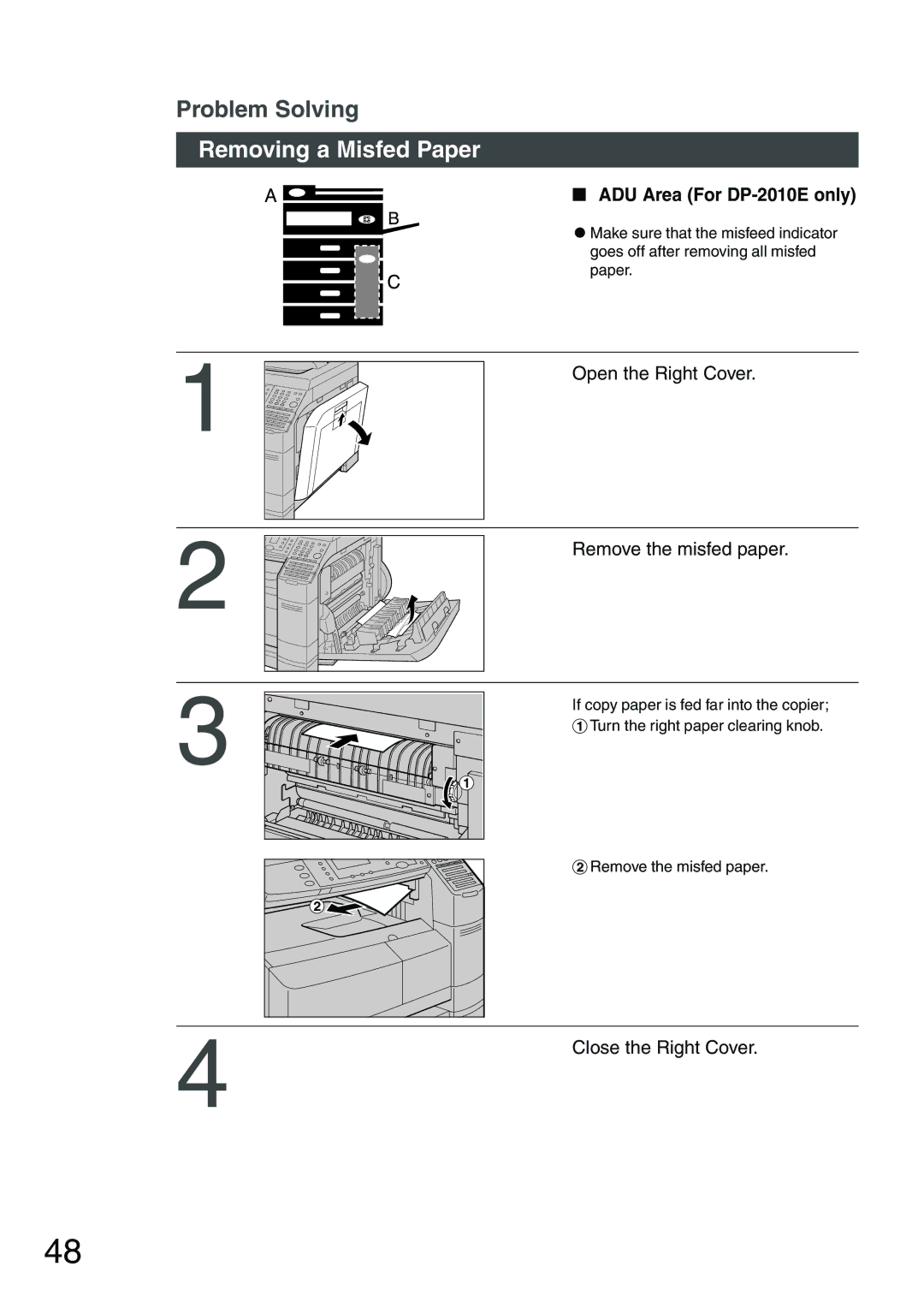 Panasonic DP-1510P manual ADU Area For DP-2010E only, Open the Right Cover, Close the Right Cover 