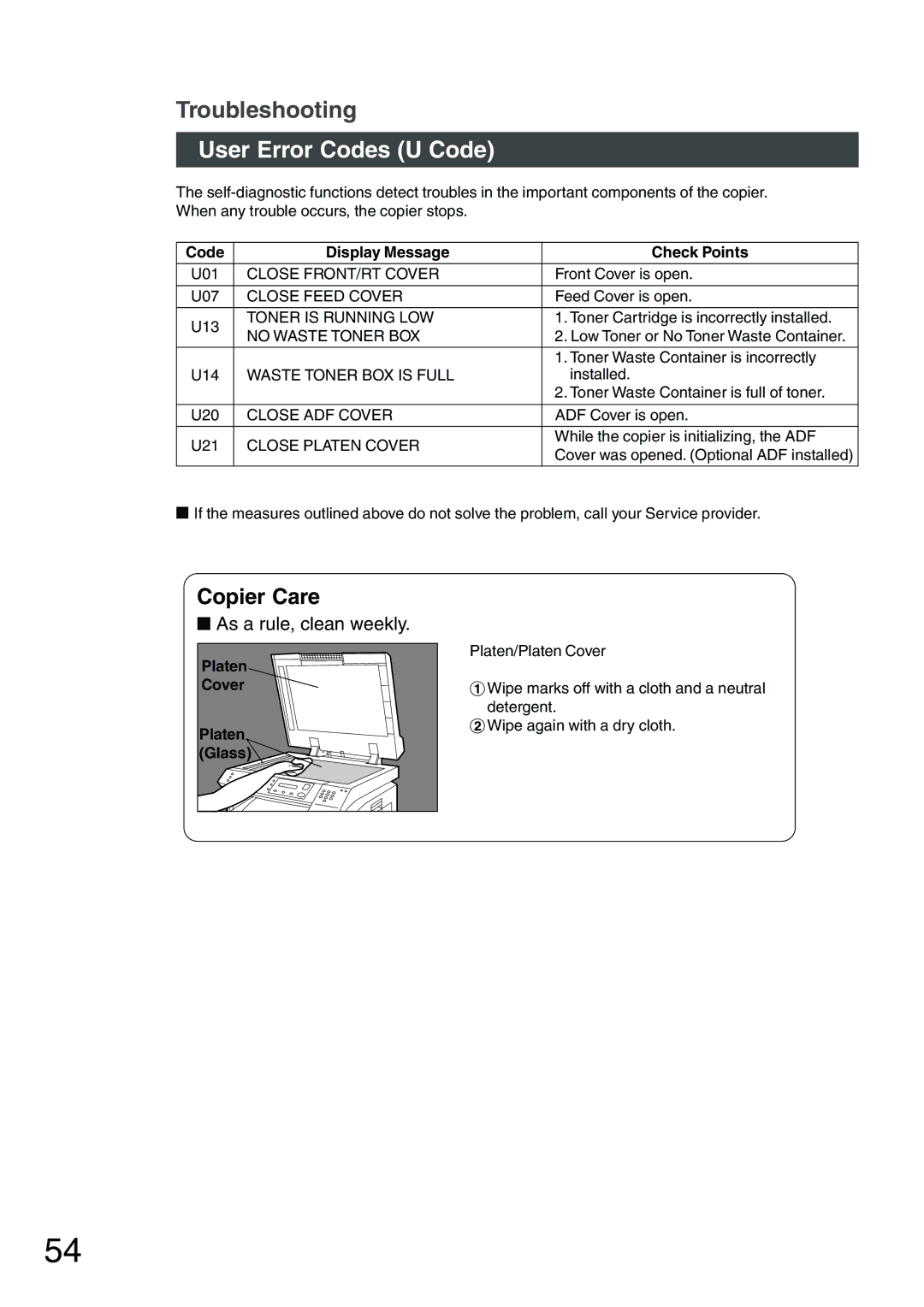 Panasonic DP-1510P manual User Error Codes U Code, As a rule, clean weekly 