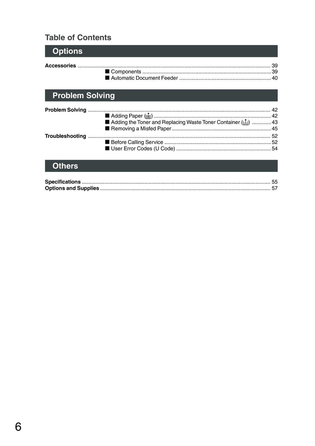 Panasonic DP-1510P manual Options, Problem Solving, Others 