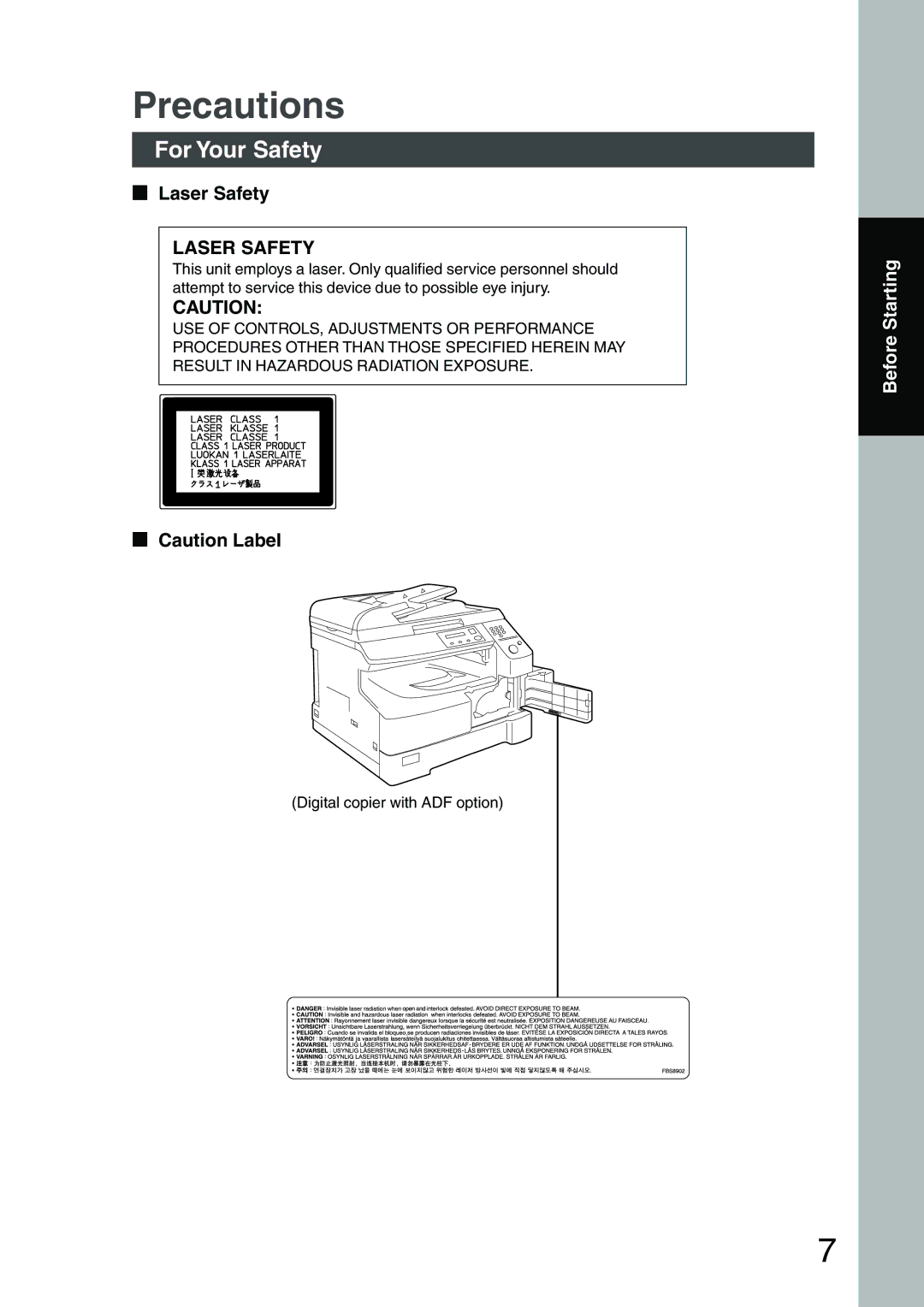 Panasonic DP-1510P manual Precautions, For Your Safety, Laser Safety 