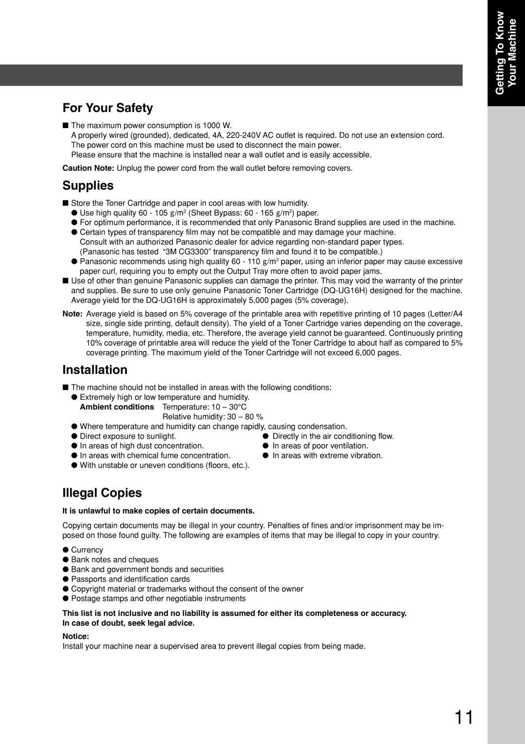 Panasonic DP-180 appendix Supplies, It is unlawful to make copies of certain documents 