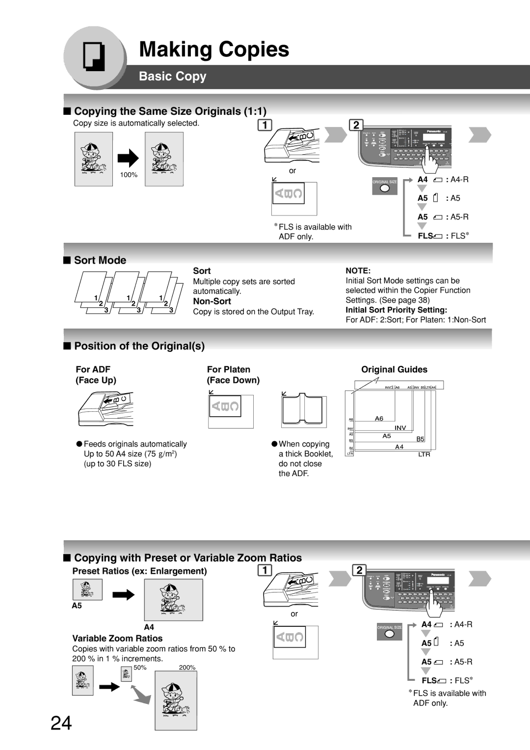 Panasonic DP-180 appendix Basic Copy, Copying the Same Size Originals, Sort Mode, Position of the Originals 