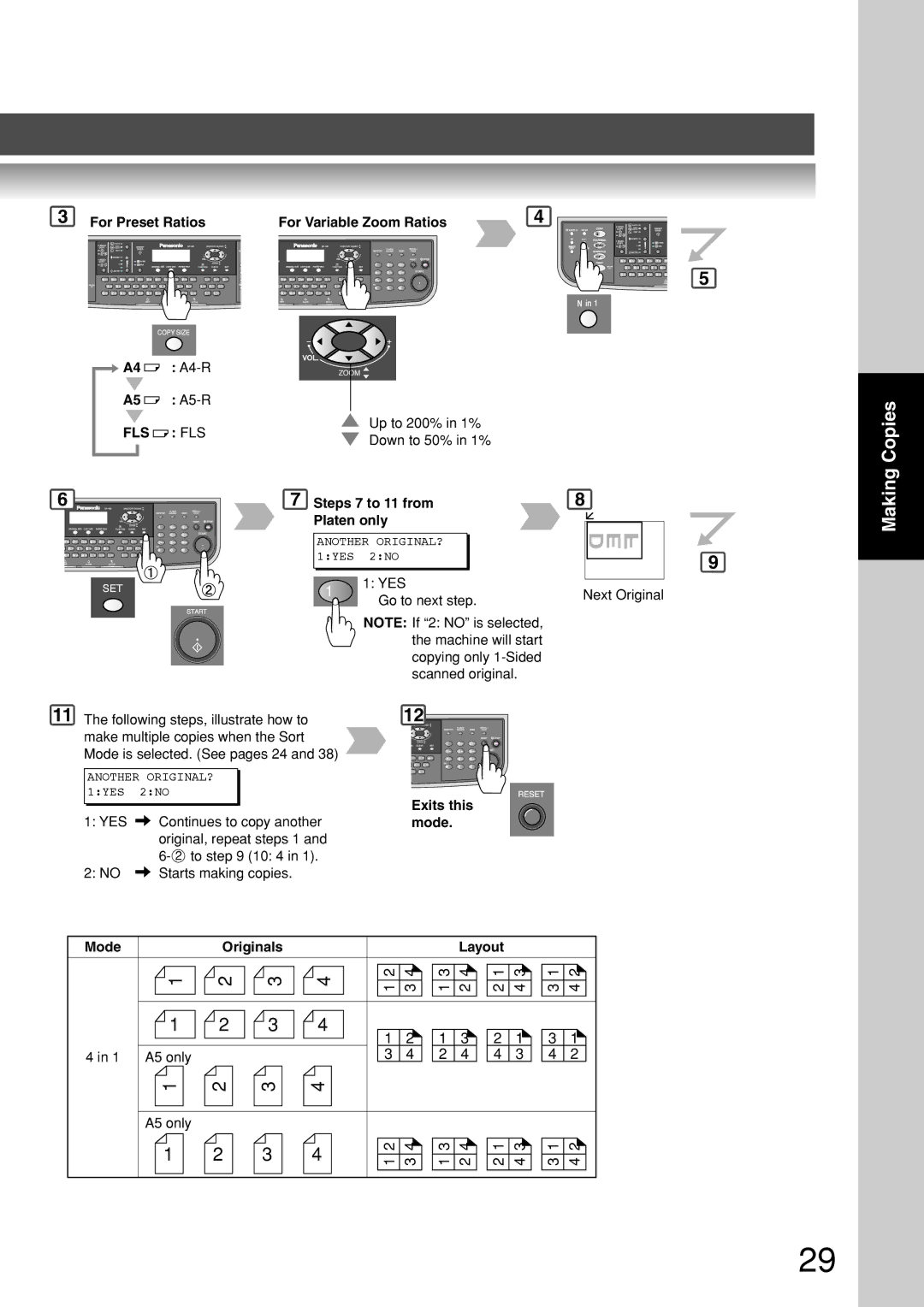 Panasonic DP-180 appendix For Preset Ratios A4 A4-R A5 A5-R, Steps 7 to 11 from Platen only 