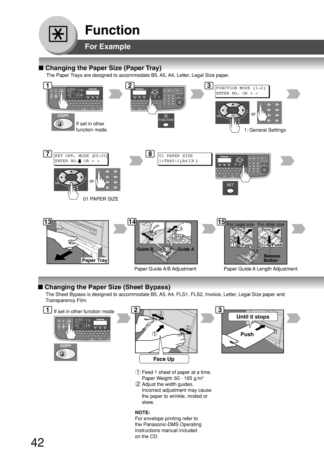 Panasonic DP-180 appendix For Example, Changing the Paper Size Paper Tray, Changing the Paper Size Sheet Bypass 