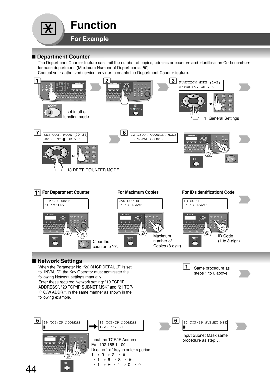 Panasonic DP-180 appendix Network Settings, For Department Counter For Maximum Copies, For ID Identification Code 