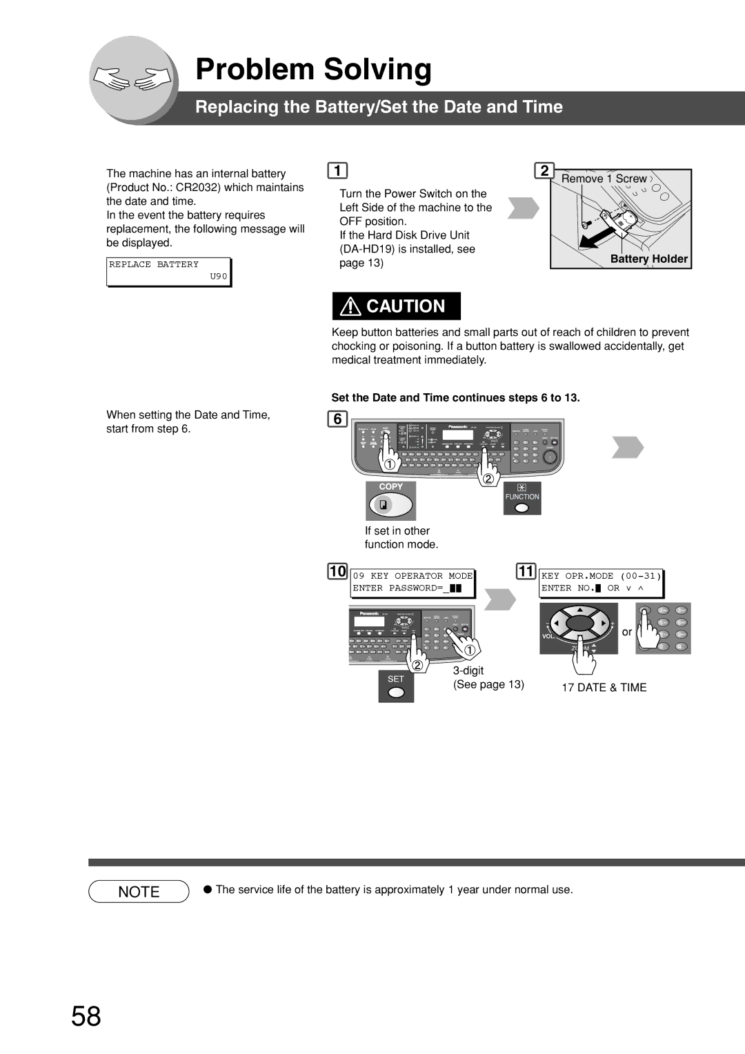 Panasonic DP-180 Replacing the Battery/Set the Date and Time, Battery Holder, Set the Date and Time continues steps 6 to 