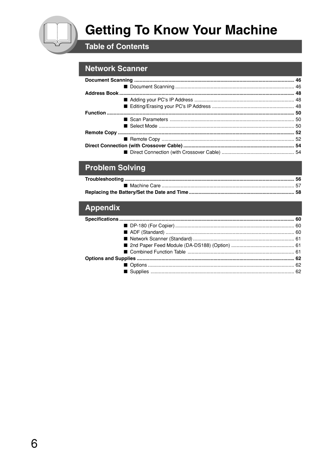 Panasonic DP-180 appendix Table of Contents Network Scanner, Problem Solving, Appendix 