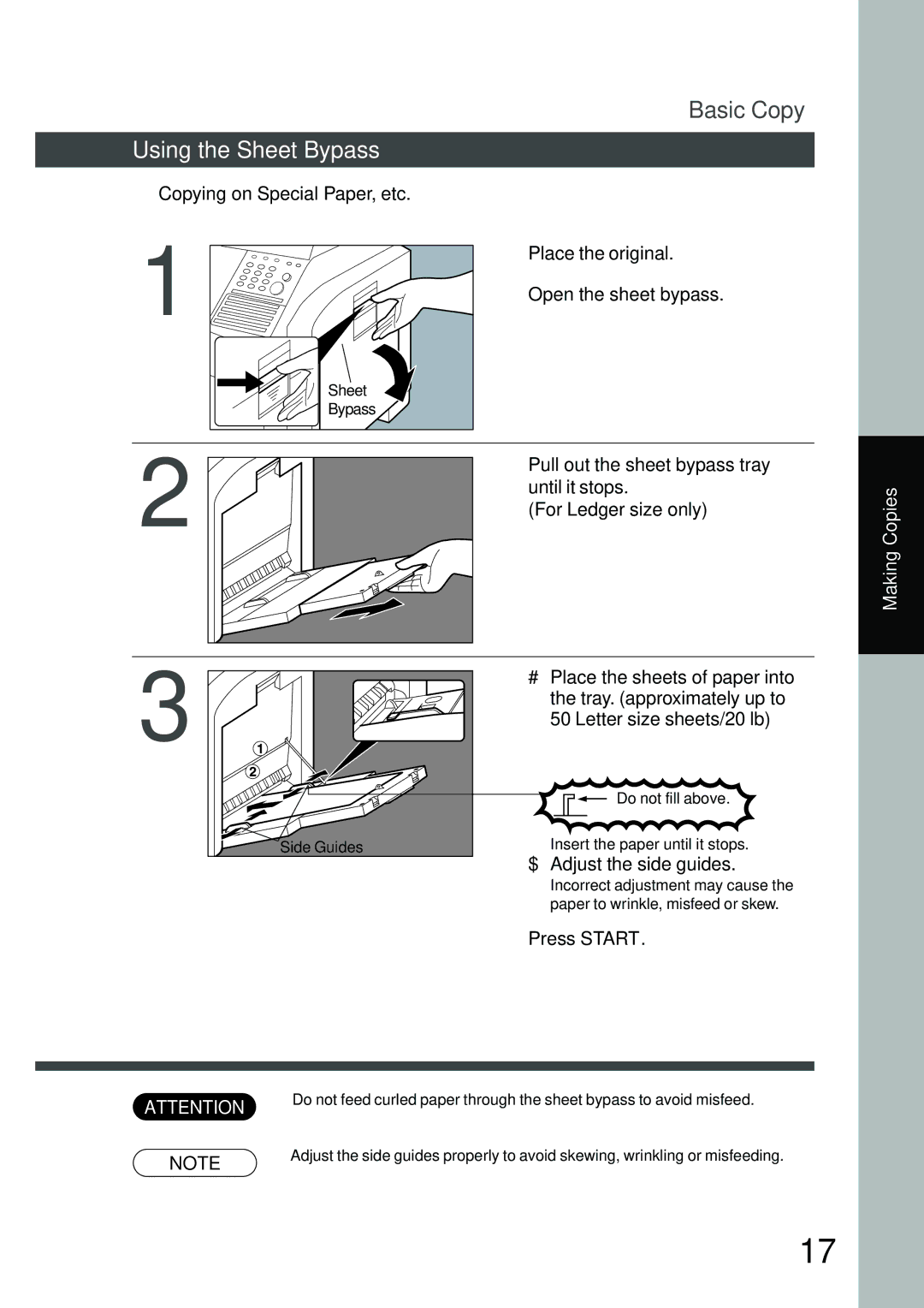 Panasonic DP-1810F manual Using the Sheet Bypass, Copying on Special Paper, etc, $Adjust the side guides 