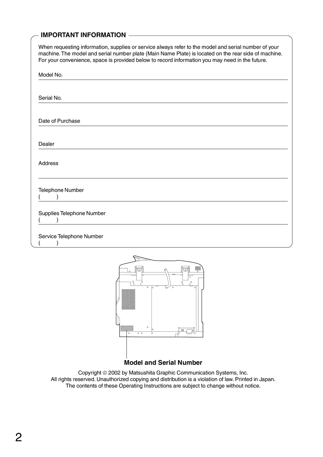 Panasonic DP-1810F manual Important Information, Model and Serial Number 