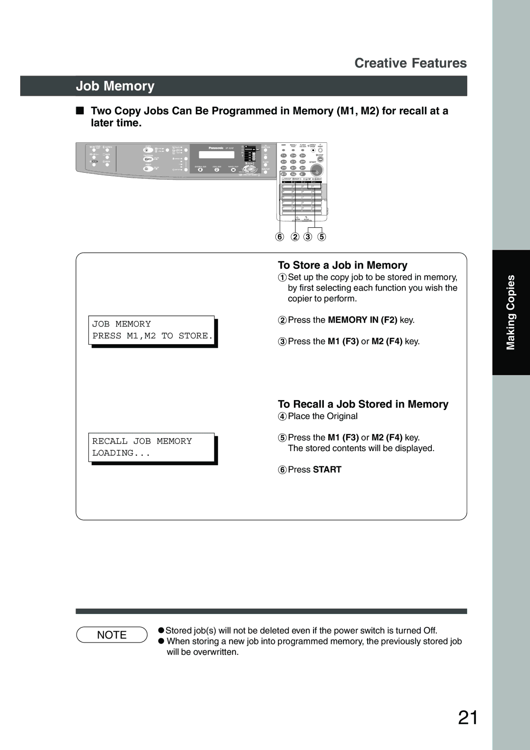 Panasonic DP-1810F Job Memory, To Store a Job in Memory, To Recall a Job Stored in Memory, $Press the Memory in F2 key 