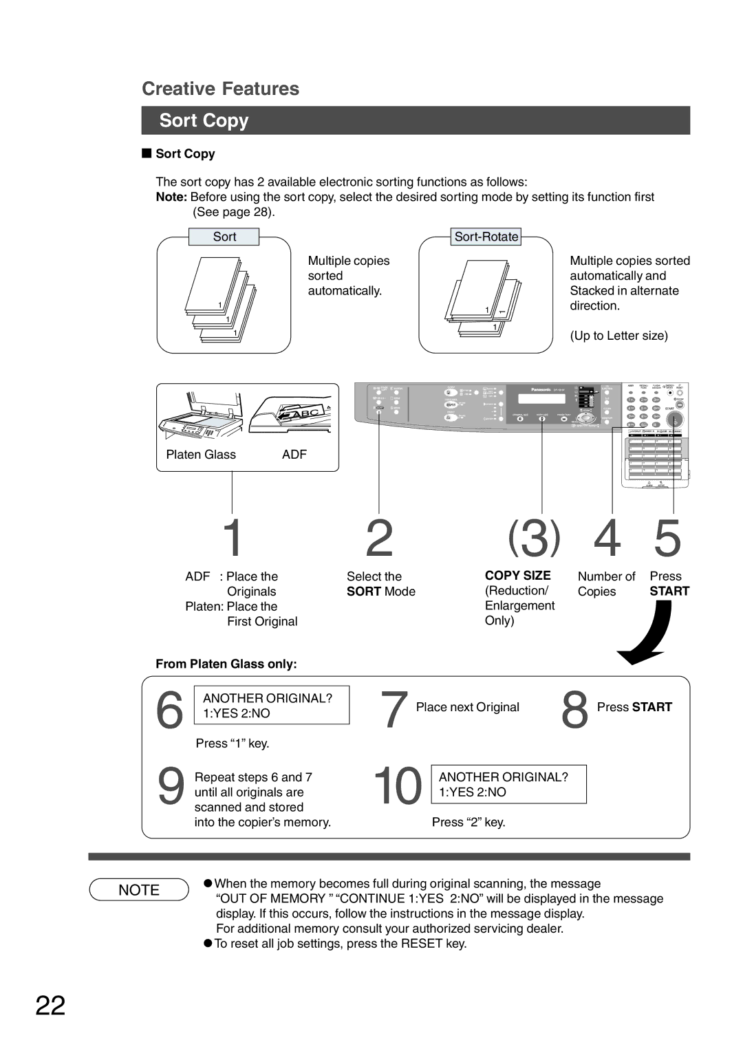 Panasonic DP-1810F manual Sort Copy, Sort Mode, From Platen Glass only 