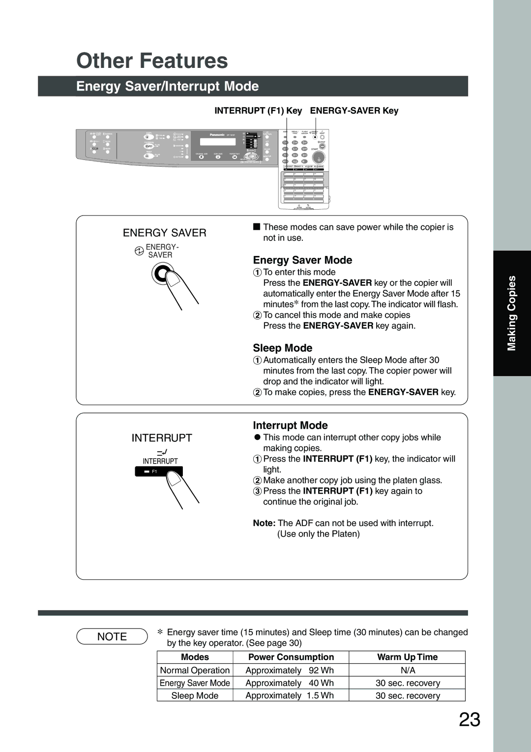 Panasonic DP-1810F manual Other Features, Energy Saver/Interrupt Mode, Energy Saver Mode, Sleep Mode 