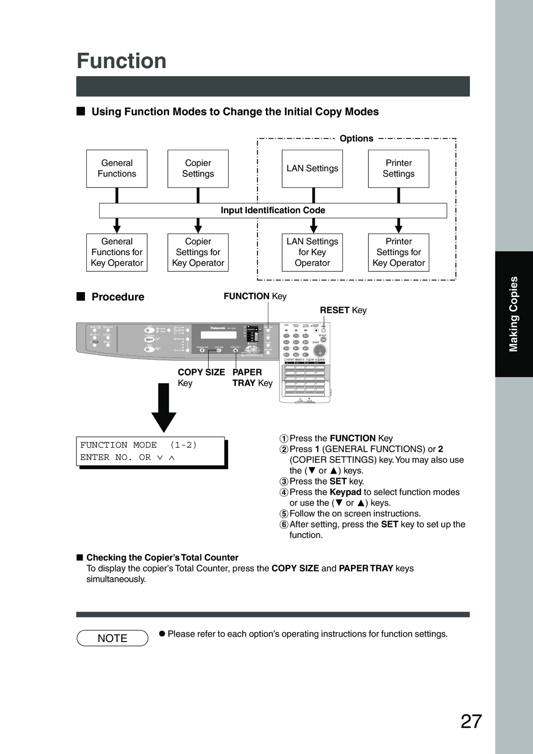 Panasonic DP-1810F manual Using Function Modes to Change the Initial Copy Modes 