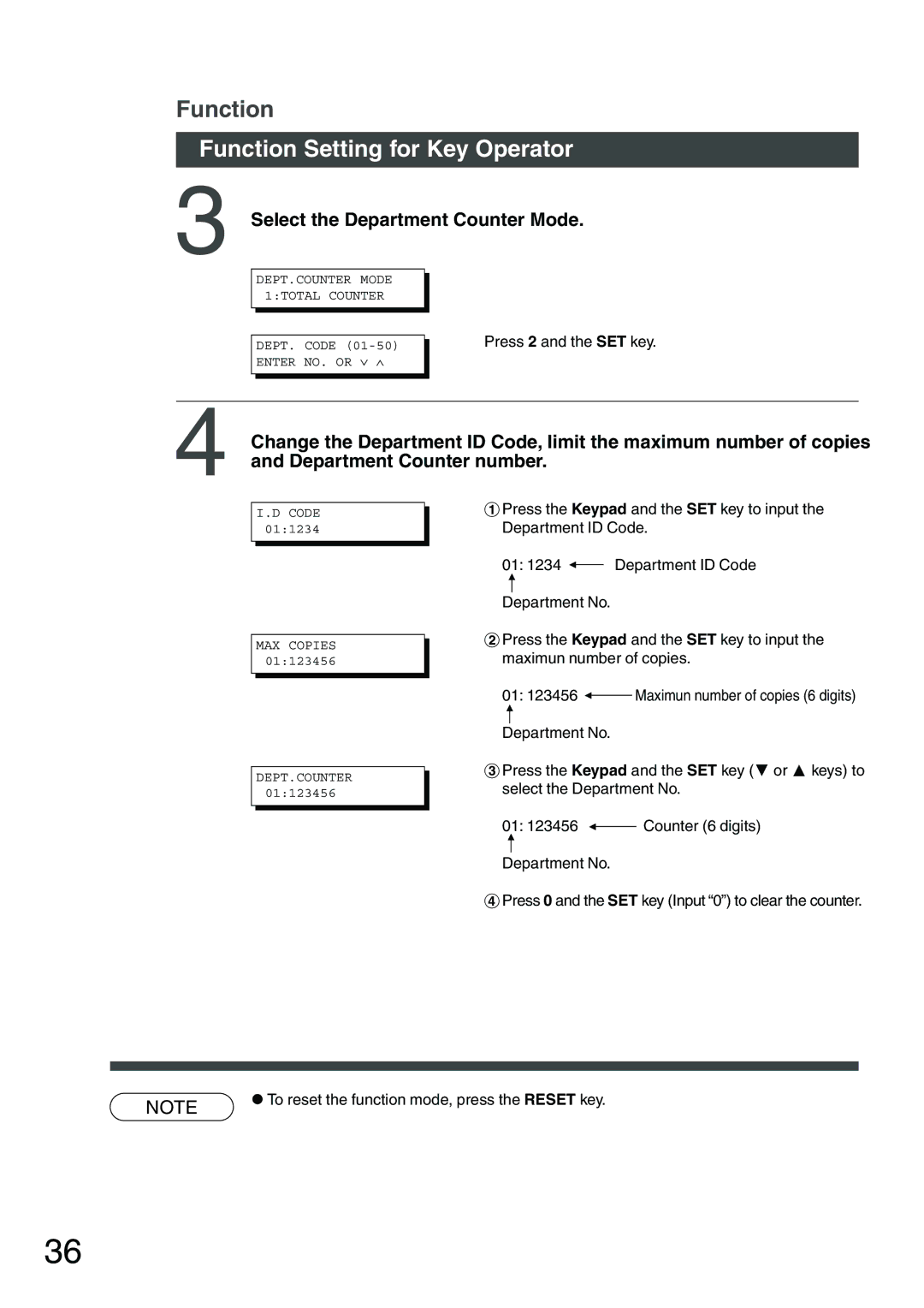 Panasonic DP-1810F manual Select the Department Counter Mode 