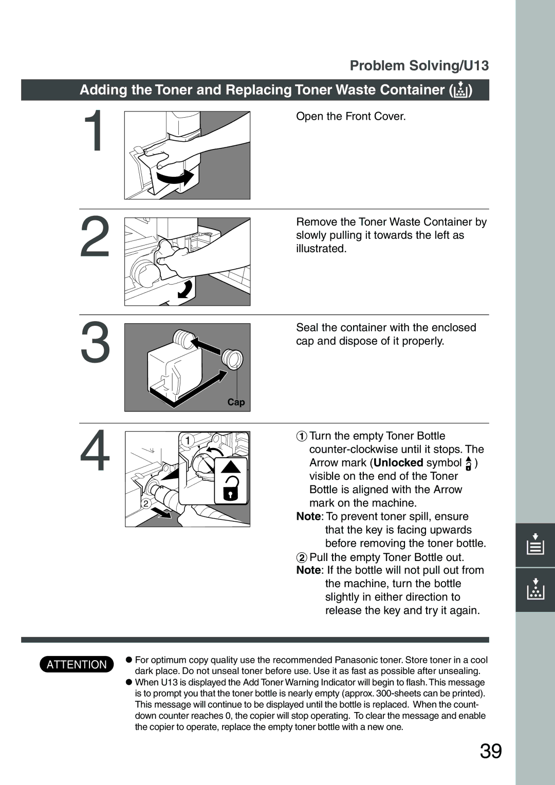 Panasonic DP-1810F manual Adding the Toner and Replacing Toner Waste Container ?, Cap 