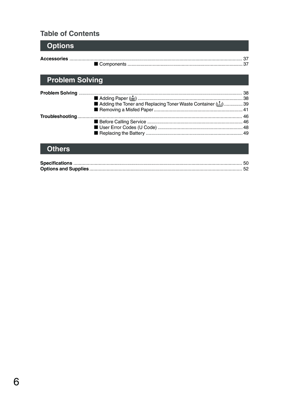 Panasonic DP-1810F manual Options, Problem Solving, Others 